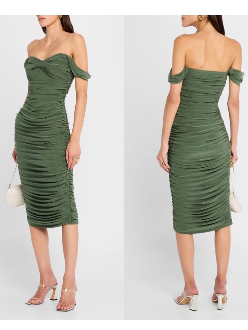 Norma Kamali Olive Green Off-Shoulder Ruched Midi Dress